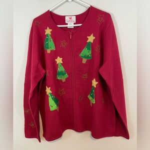 New Quacker Factory Christmas Cardigan Sweater womens sz XL Trees wool red zip